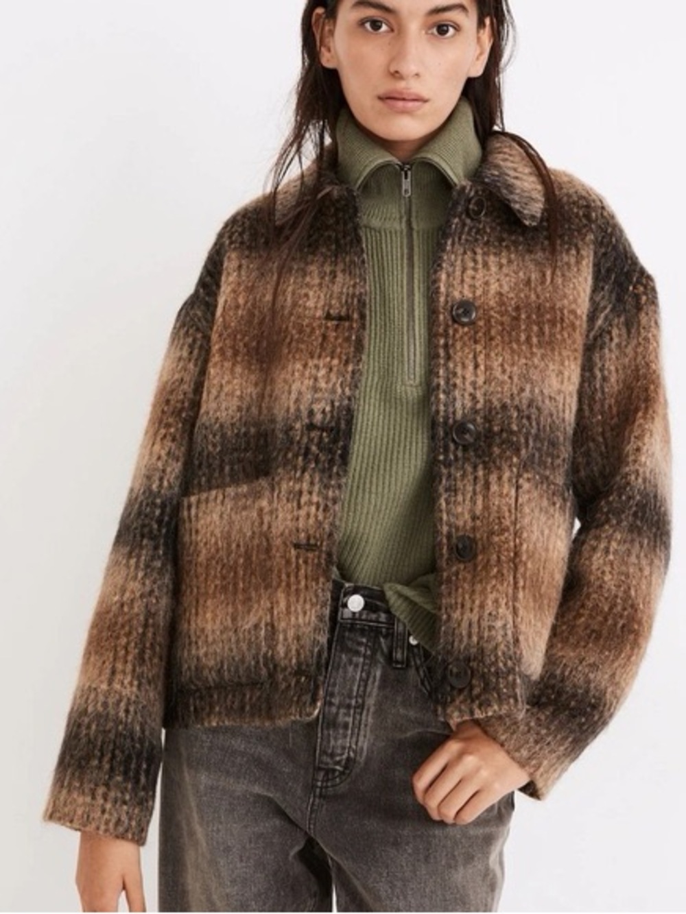 Madewell Kendrick Jacket in Plaid Brown Wool-Blend Button Up Jacket Small